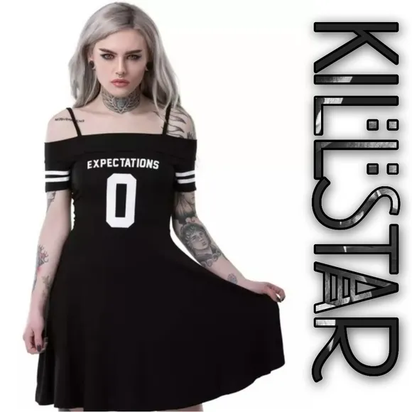 🆕️🆑️ RARE KILLSTAR 0 Expectations Dress Bardot Gothic Black Skater Off S