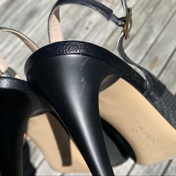 🖤 TANCA BLACK LEATHER BOW DETAIL ROUND TOE OPEN HEEL CLASSIC HEELS!