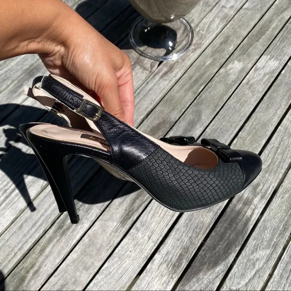 🖤 TANCA BLACK LEATHER BOW DETAIL ROUND TOE OPEN HEEL CLASSIC HEELS!