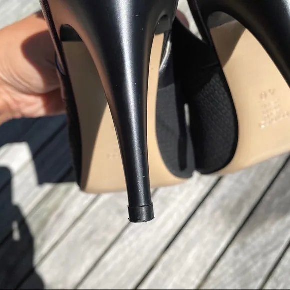 🖤 TANCA BLACK LEATHER BOW DETAIL ROUND TOE OPEN HEEL CLASSIC HEELS!