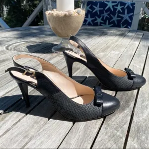 🖤 TANCA BLACK LEATHER BOW DETAIL ROUND TOE OPEN HEEL CLASSIC HEELS!