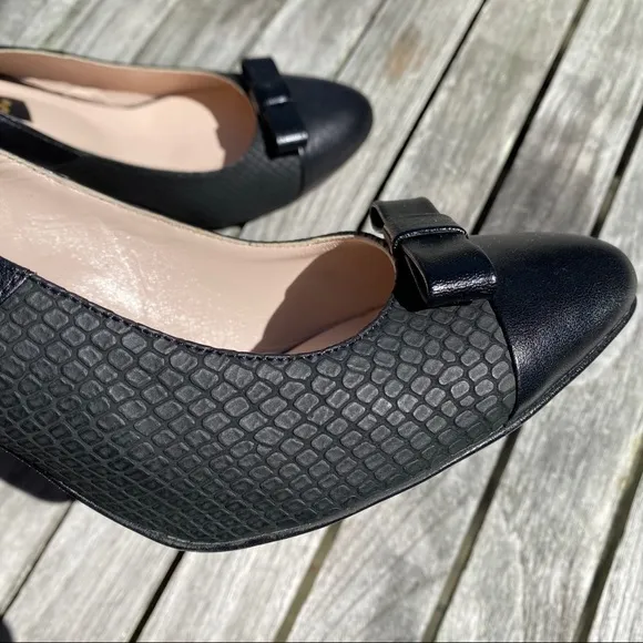 🖤 TANCA BLACK LEATHER BOW DETAIL ROUND TOE OPEN HEEL CLASSIC HEELS!