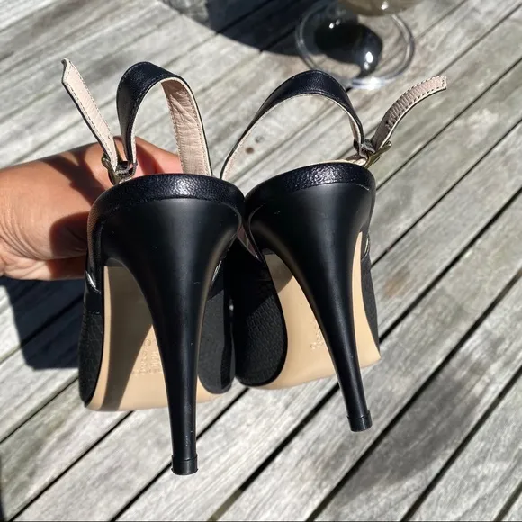 🖤 TANCA BLACK LEATHER BOW DETAIL ROUND TOE OPEN HEEL CLASSIC HEELS!