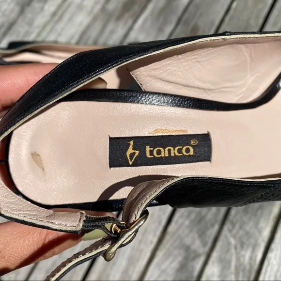 🖤 TANCA BLACK LEATHER BOW DETAIL ROUND TOE OPEN HEEL CLASSIC HEELS!