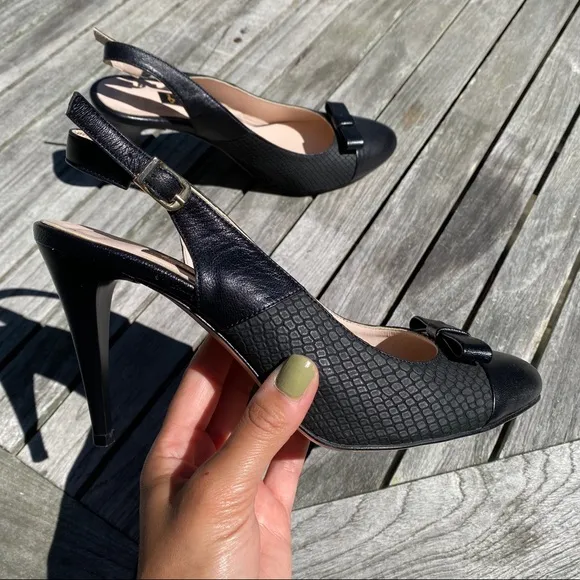 🖤 TANCA BLACK LEATHER BOW DETAIL ROUND TOE OPEN HEEL CLASSIC HEELS!