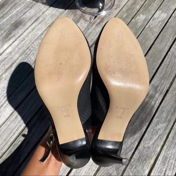 🖤 TANCA BLACK LEATHER BOW DETAIL ROUND TOE OPEN HEEL CLASSIC HEELS!