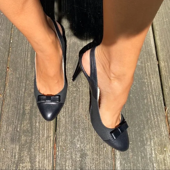 🖤 TANCA BLACK LEATHER BOW DETAIL ROUND TOE OPEN HEEL CLASSIC HEELS!
