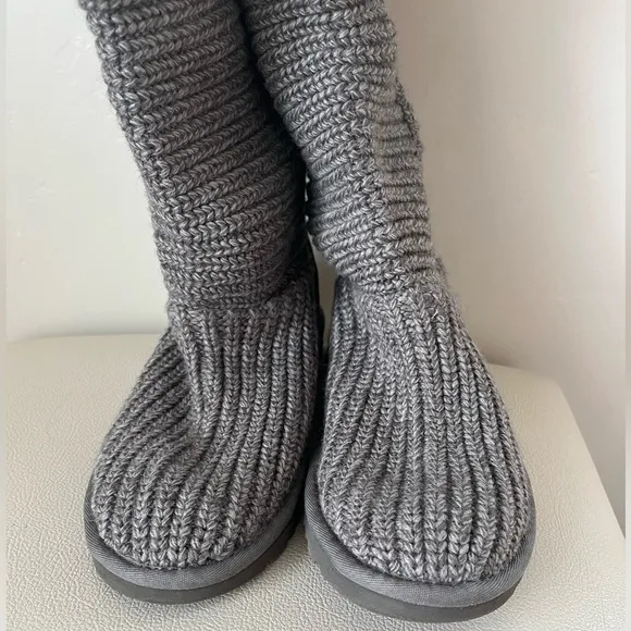 - UGG Australia Women’s Gray Lattice Cardy Tall Knit Boots Size 6