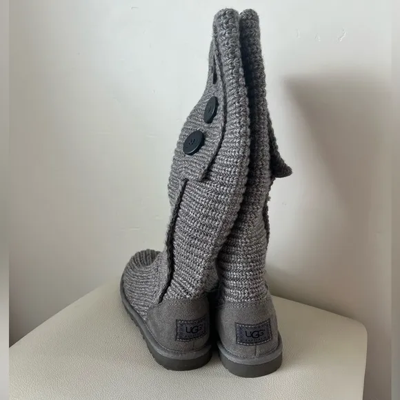 - UGG Australia Women’s Gray Lattice Cardy Tall Knit Boots Size 6