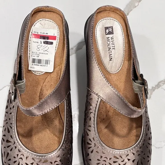 🆕 White Mountain | Gold Platinum Leather Metallic Peep Toe Mule Shoe Size