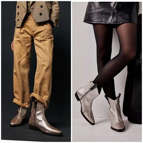 $298 Free People We The Free Wesley Western Silver Metallic Leather Boots size 8
