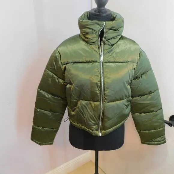 7 For All Mankind Women's Lined Puffer Coat Olive Green Full Zip Jacket Large