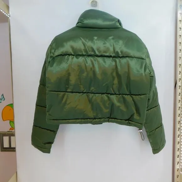 7 For All Mankind Women's Lined Puffer Coat Olive Green Full Zip Jacket Large