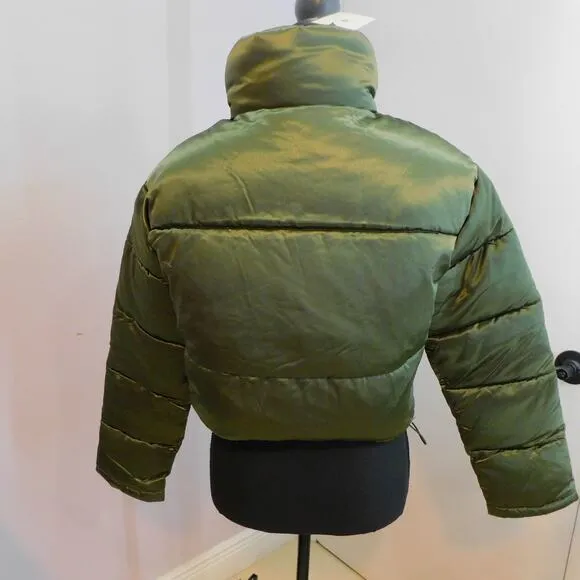 7 For All Mankind Women's Lined Puffer Coat Olive Green Full Zip Jacket Large