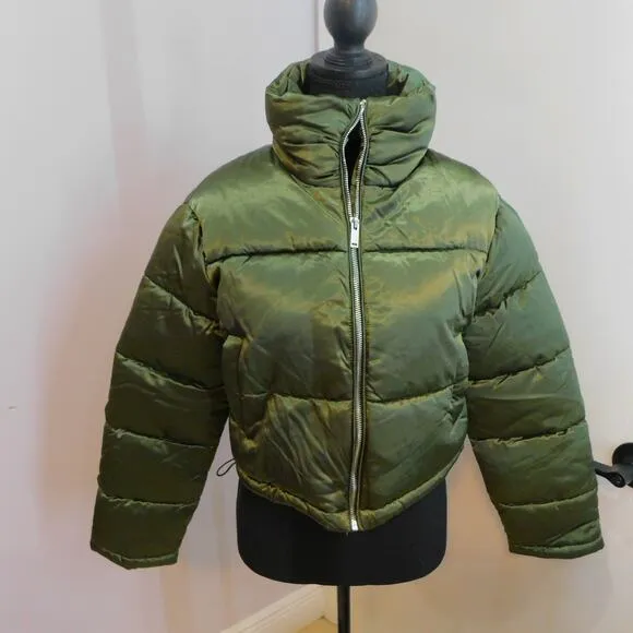 7 For All Mankind Women's Lined Puffer Coat Olive Green Full Zip Jacket Large