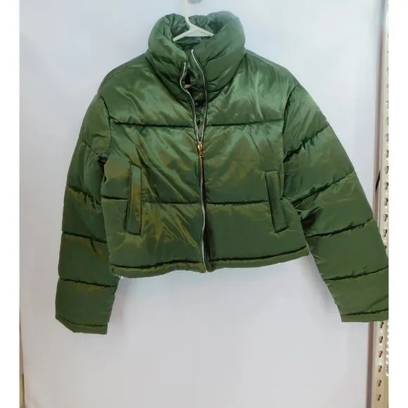 7 For All Mankind Women's Lined Puffer Coat Olive Green Full Zip Jacket Large