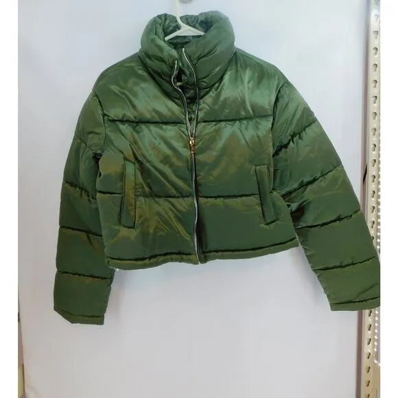 7 For All Mankind Women's Lined Puffer Coat Olive Green Full Zip Jacket Large