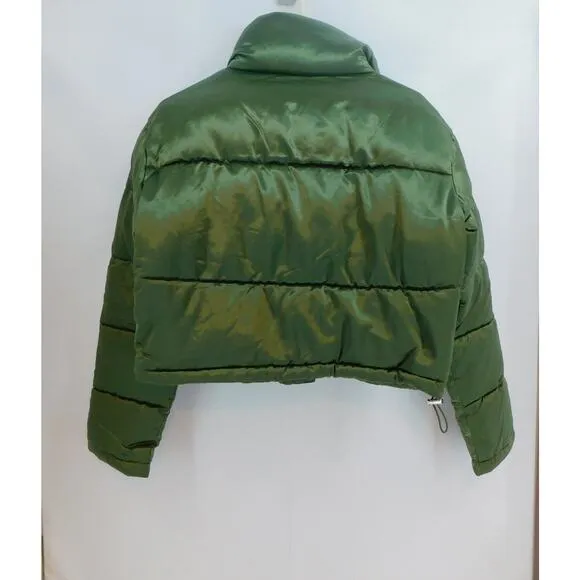 7 For All Mankind Women's Lined Puffer Coat Olive Green Full Zip Jacket Large