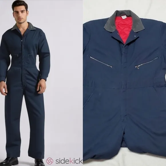 70s Vintage Wrangler Big Ben Navy Red Quilted Insulated Coveralls USA Made