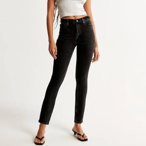Abercrombie &amp; Fitch High Rise Skinny Jeans Black Denim Size 27 Short