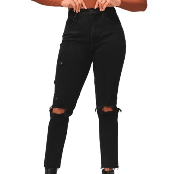 Abercrombie &amp; Fitch Long Skinny High Rise Jean Ripped Knees Raw Hem Black 35 20