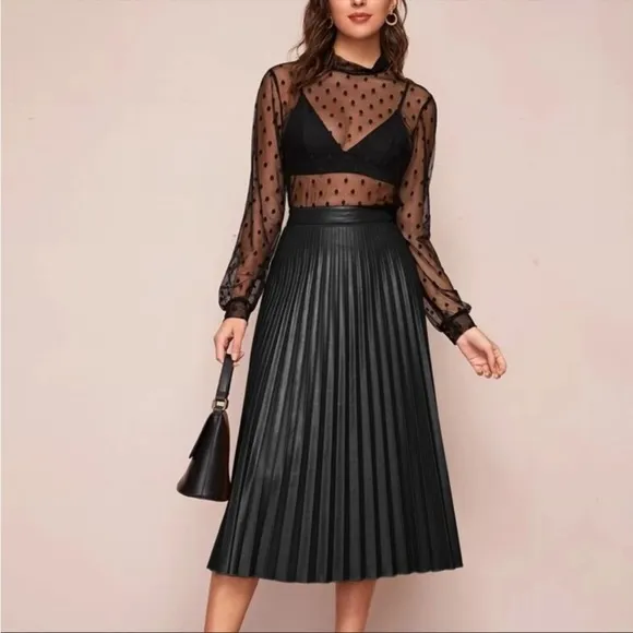 Accordion Pleated Vegan Leather Skirt