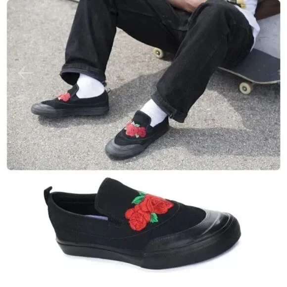 ADIDAS | NAKEL SMITH MATCHCOURT BLACK FLORAL EMBROIDERED SLIP ON SKATE SHOES | 8