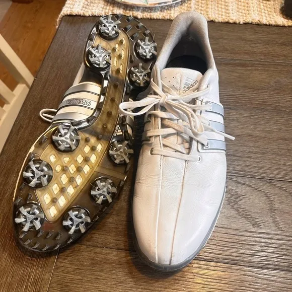 Adidas Tour360 Golf Shoes Spiked Cleats‎ White Leather Comfort Size 9.5