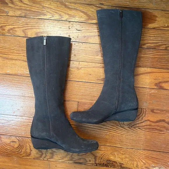 Aetrex Essence Vanessa grey suede leather square toe wedge riding boots