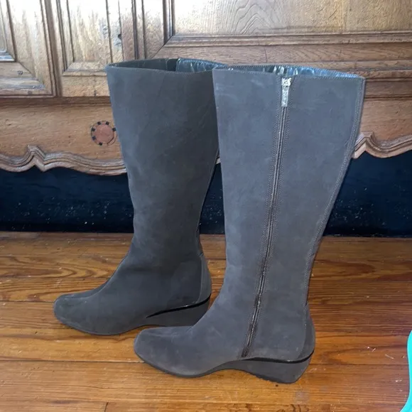 Aetrex Essence Vanessa grey suede leather square toe wedge riding boots