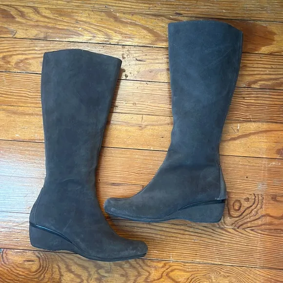 Aetrex Essence Vanessa grey suede leather square toe wedge riding boots