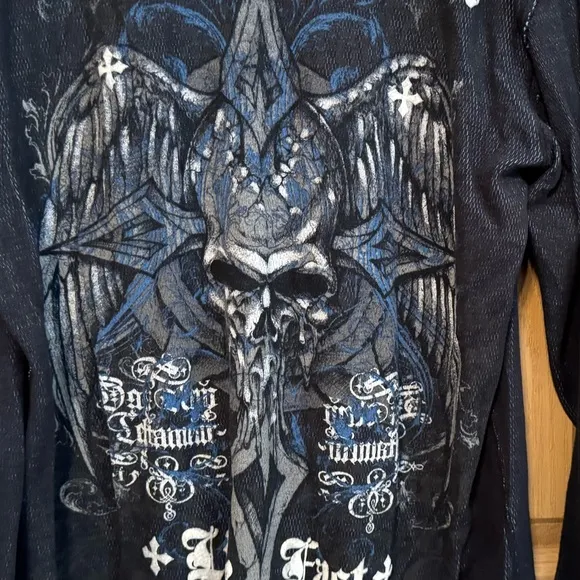 Affliction Reversible Biker Men's Skull Graphic Y2k Thermal Long Sleeve Shirt
