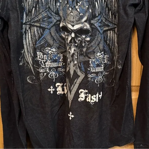 Affliction Reversible Biker Men's Skull Graphic Y2k Thermal Long Sleeve Shirt