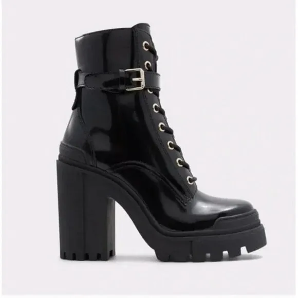 Aldo Women's Uplift Heel Combat Boots Black Lace Up 90s Lug Sole Zip Size 7.5 NW