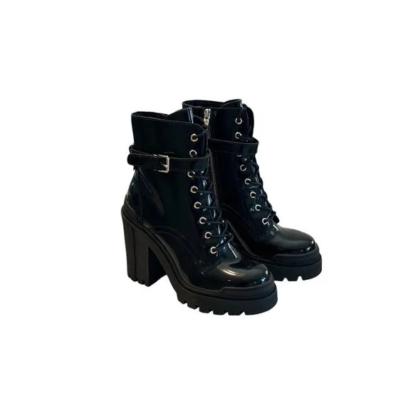 Aldo Women's Uplift Heel Combat Boots Black Lace Up 90s Lug Sole Zip Size 7.5 NW