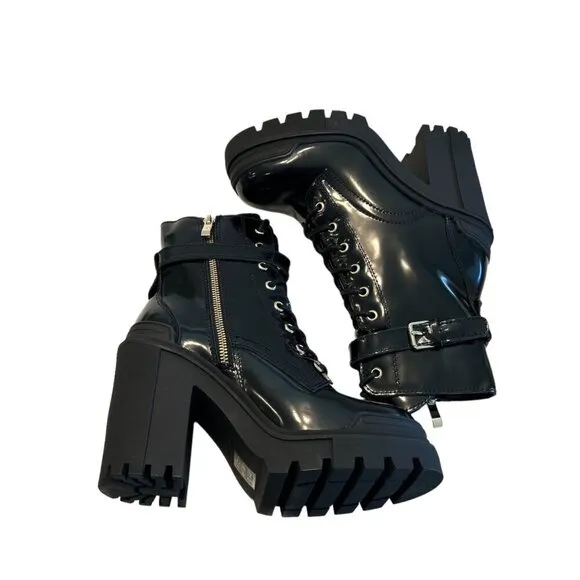 Aldo Women's Uplift Heel Combat Boots Black Lace Up 90s Lug Sole Zip Size 7.5 NW