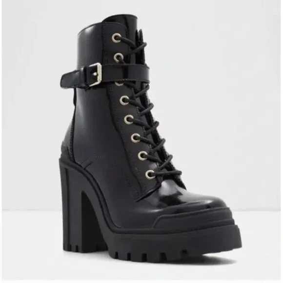 Aldo Women's Uplift Heel Combat Boots Black Lace Up 90s Lug Sole Zip Size 7.5 NW