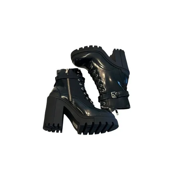 Aldo Women's Uplift Heel Combat Boots Black Lace Up 90s Lug Sole Zip Size 7.5 NW