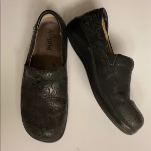 Alegria Black Floral Pattern Leather Slip On Shoes