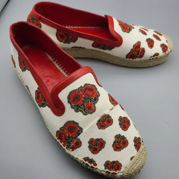 Alexander McQueen shoes flats Canvas Poppy Print Espadrille Red Ivory 10 EUR 41