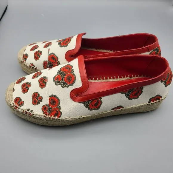 Alexander McQueen shoes flats Canvas Poppy Print Espadrille Red Ivory 10 EUR 41