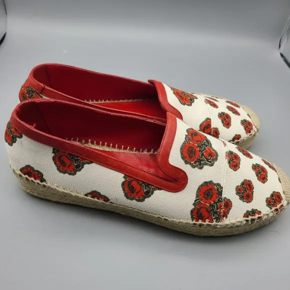 Alexander McQueen shoes flats Canvas Poppy Print Espadrille Red Ivory 10 EUR 41