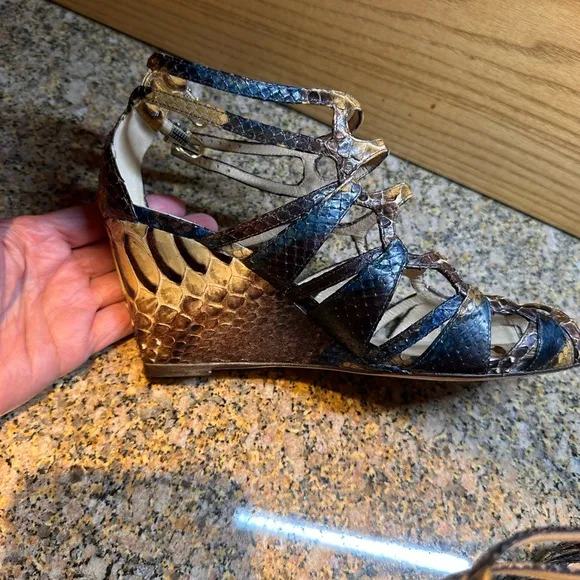 Alexandre Birman Python Strappy Sandals 38 / 8 beautiful wedge 3” high