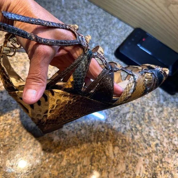 Alexandre Birman Python Strappy Sandals 38 / 8 beautiful wedge 3” high