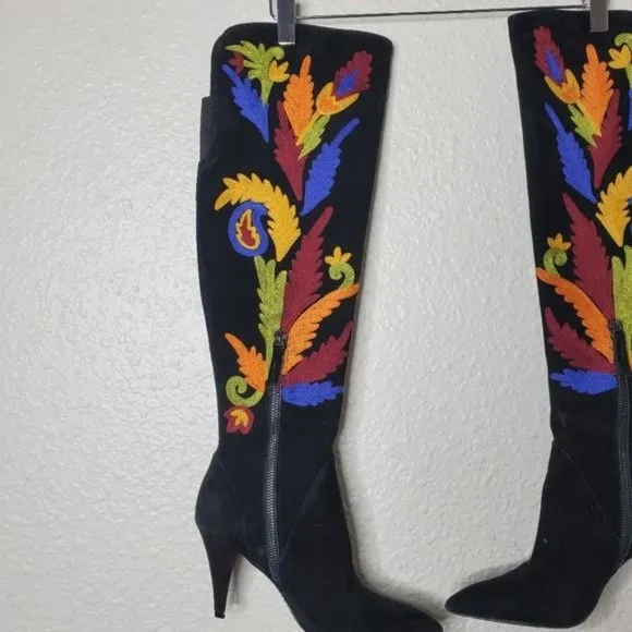 Alice   Olivia Corin Embroidered Suede Tall Heeled Boots Black Womens Size 5