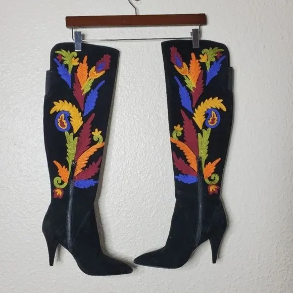 Alice   Olivia Corin Embroidered Suede Tall Heeled Boots Black Womens Size 5