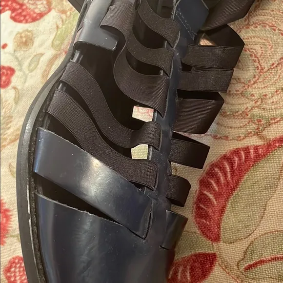 All Black Navy Blue Black Nylon Gladiator Straps Heeled Slip On Shoes