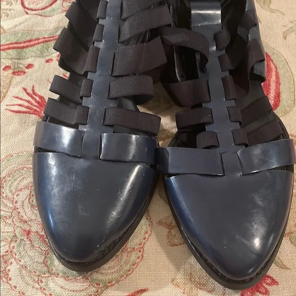 All Black Navy Blue Black Nylon Gladiator Straps Heeled Slip On Shoes