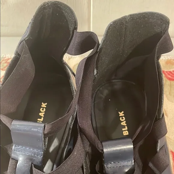 All Black Navy Blue Black Nylon Gladiator Straps Heeled Slip On Shoes