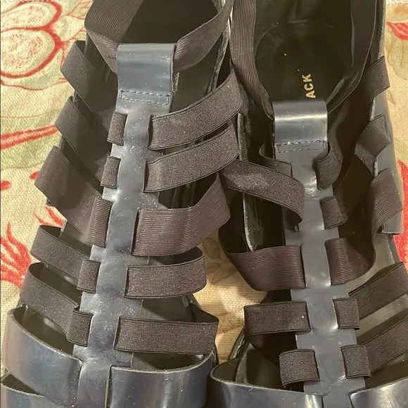 All Black Navy Blue Black Nylon Gladiator Straps Heeled Slip On Shoes